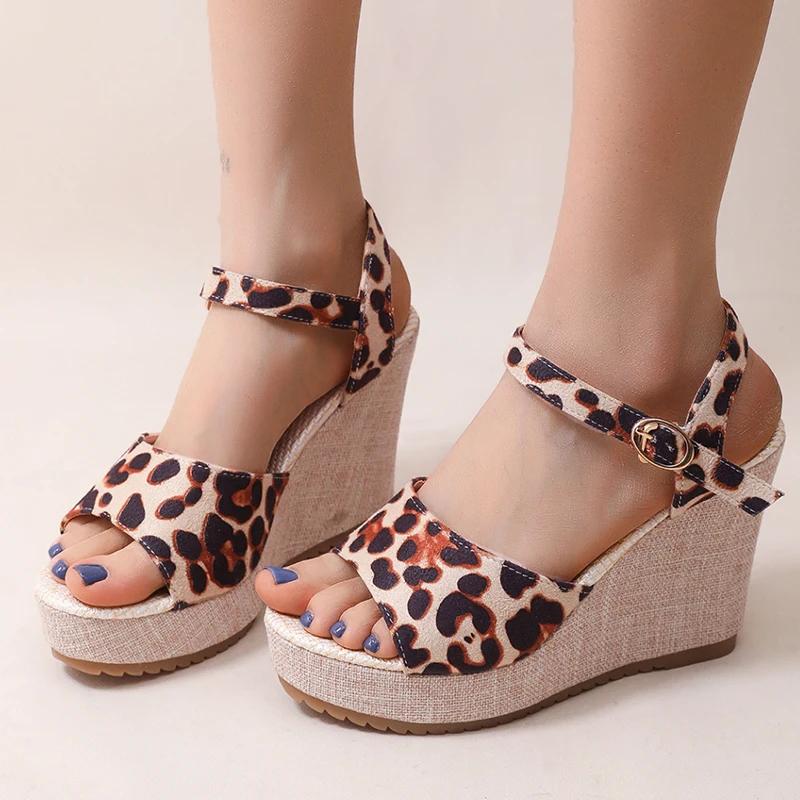 Fashion Vintage Leopard Print Platform Sandals for Women Summer Buckle Wedge High Heel Sandal Female Outdoor Anti-Slip Sandalias Mujer