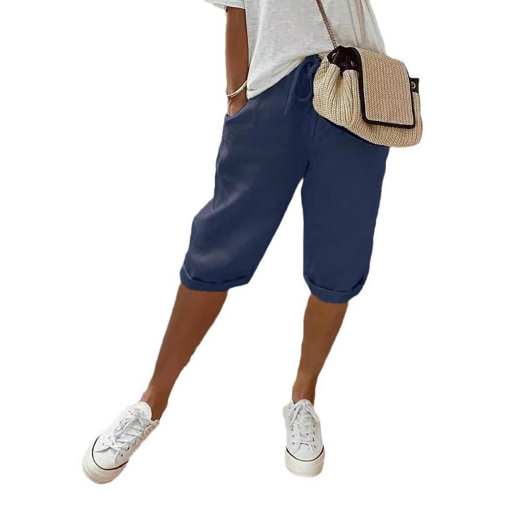 Pantaloni scurți casual din amestec de bumbac și in cu talie elastică și buzunare