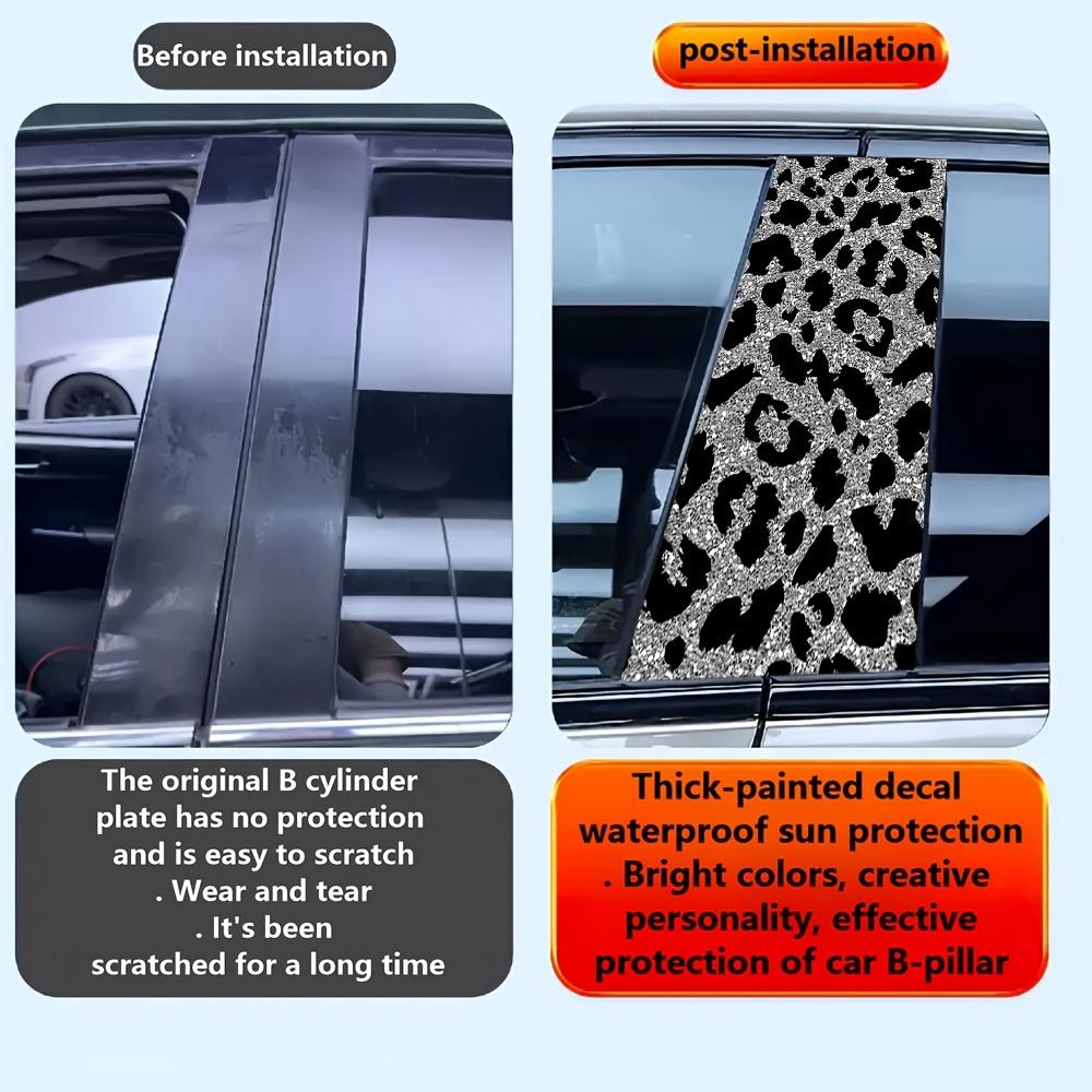 Gray-black Leopard Print 2PC Car B-pillar Protection Sticker Sunscreen Waterproof Scratch-proof Car Decoration Decal One-time