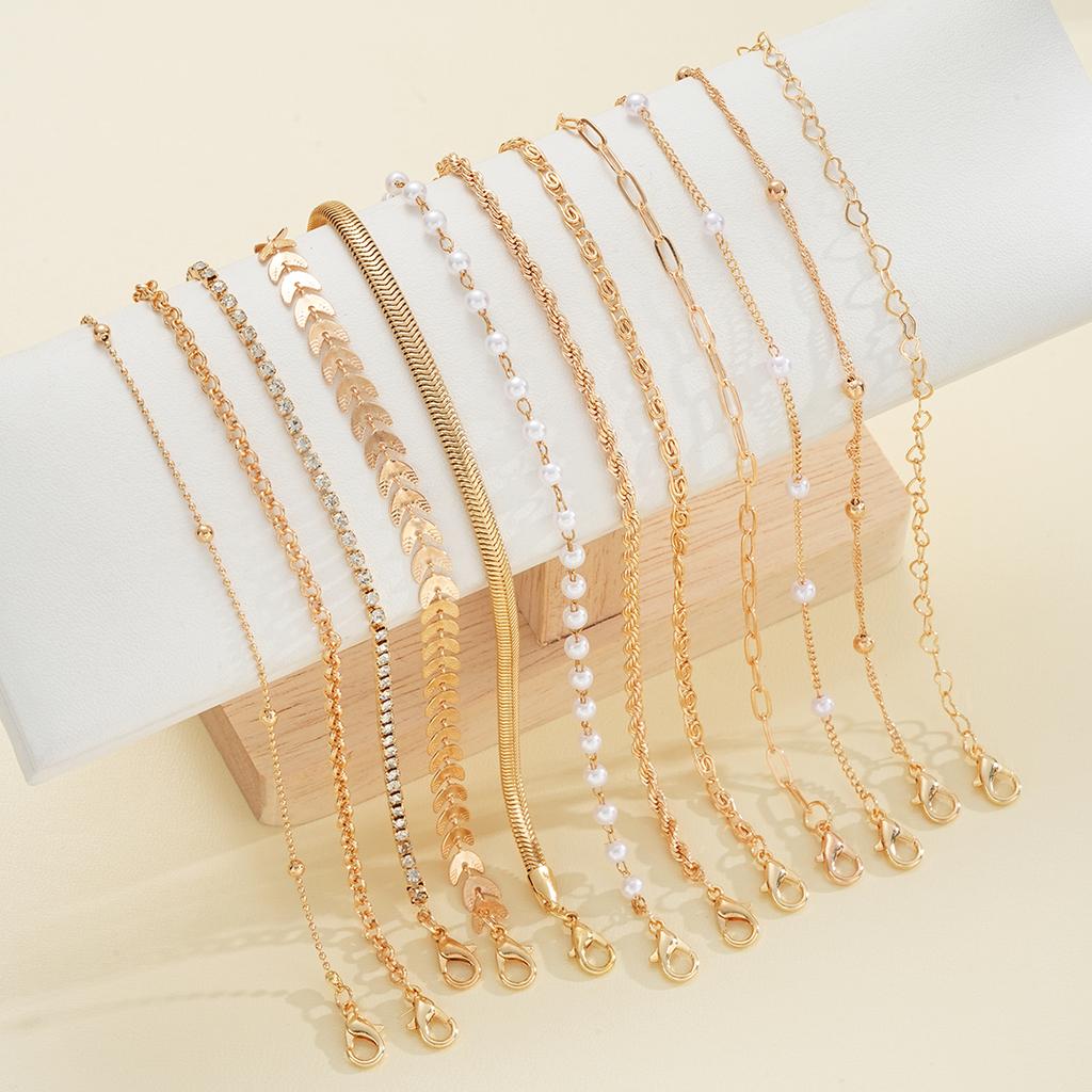 12Pcs Vintage Elegant Gold Color Bracelet Sets Simple Copper Metal Zircon Pearl Chain Bracelet Everyday Party Jewelry Gifts 2026