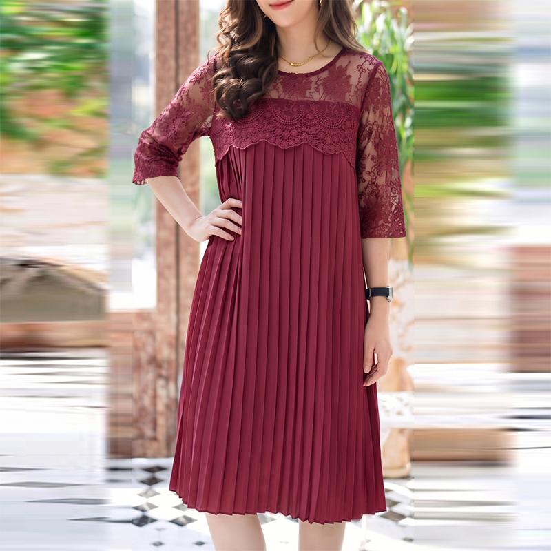 ZANZEA Women Elegant Lace Splice Round Neck Casual Short Sleeve Pleated Dress S