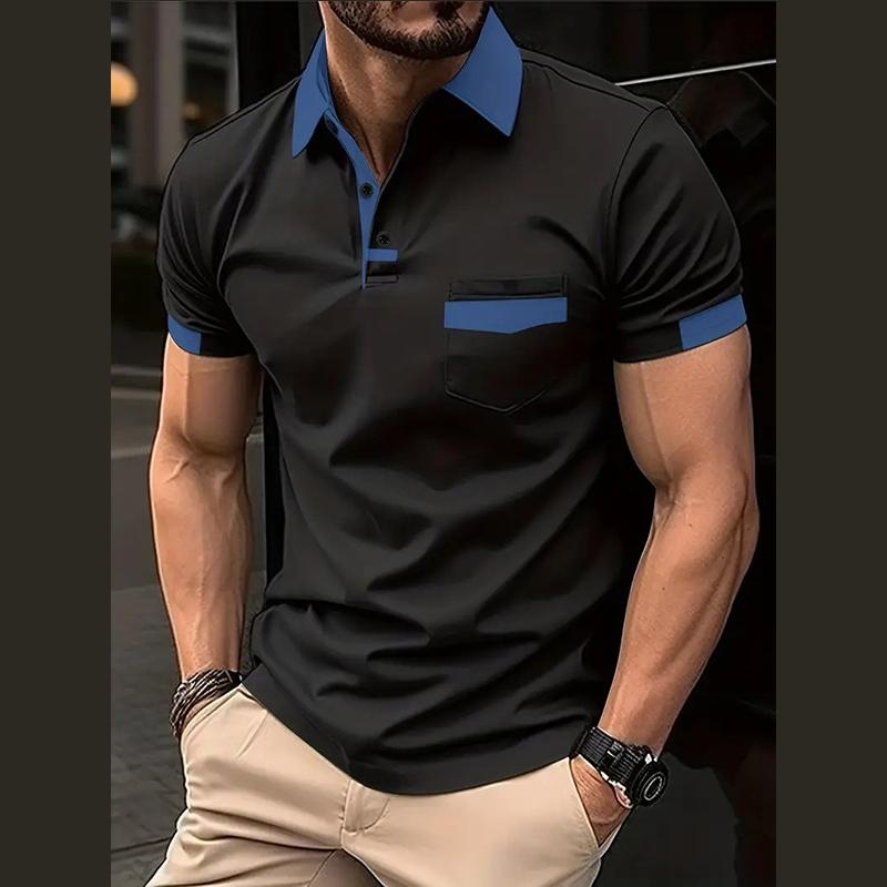 Summer Men's Lapel Button Polo Shirt Loose Casual Trend Pocket Color Block Men's Sports Fitness Polo Shirt