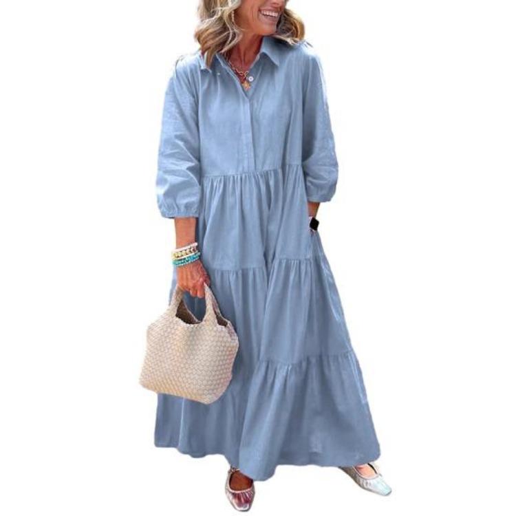 

Women Maxi Dress 3 4 Sleeve Button Up Lapel Swing Beach Sundress with Pockets A Line Ruffles Tiered XXXL світло-синій колір