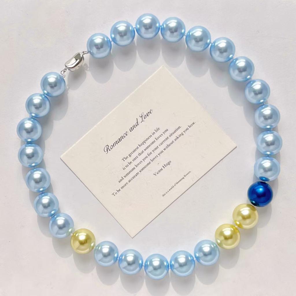 Vintage 16Mm Large Particle High Quality Color Haze Blue Artificial Crystal Pearl Necklace Collarbone
