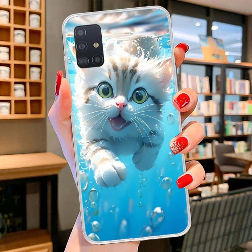 Cartoon Cute Cat Fish Aesthetic Cover Phone Case For Samsung Galaxy A12 A22 A32 A52 A72 A02S Phone Case Note 20 Ultra 10 S10 Plu