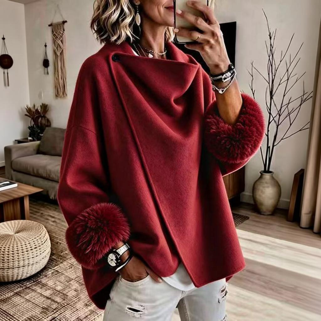 Women's Short Loose Fit Double-Faced Wool Coat with -Trim Cuffs, Color, European