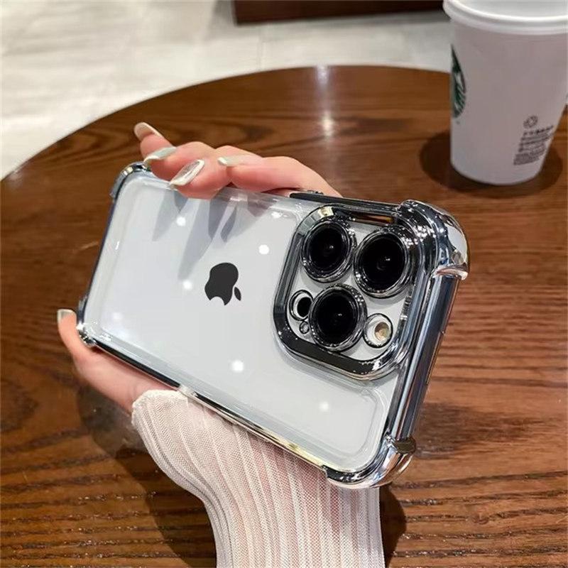 Purple Plating Clear Shockproof Phone Case For iPhone 14 13 12 15 16 Pro Max Plus XS XR X Hard Acrylic Four Corner Anti-Shock Cover