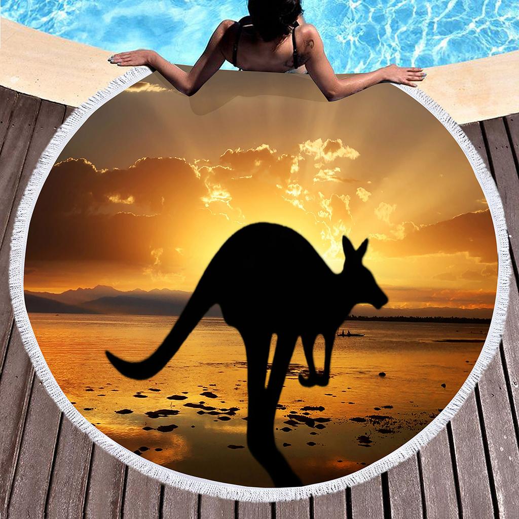 Kangaroo Round Beach Towel with Tassels, Microfiber Quick Dry Beach Blanket Sand Free Quick Dry Yoga Mat Circle Swim Pool Towel