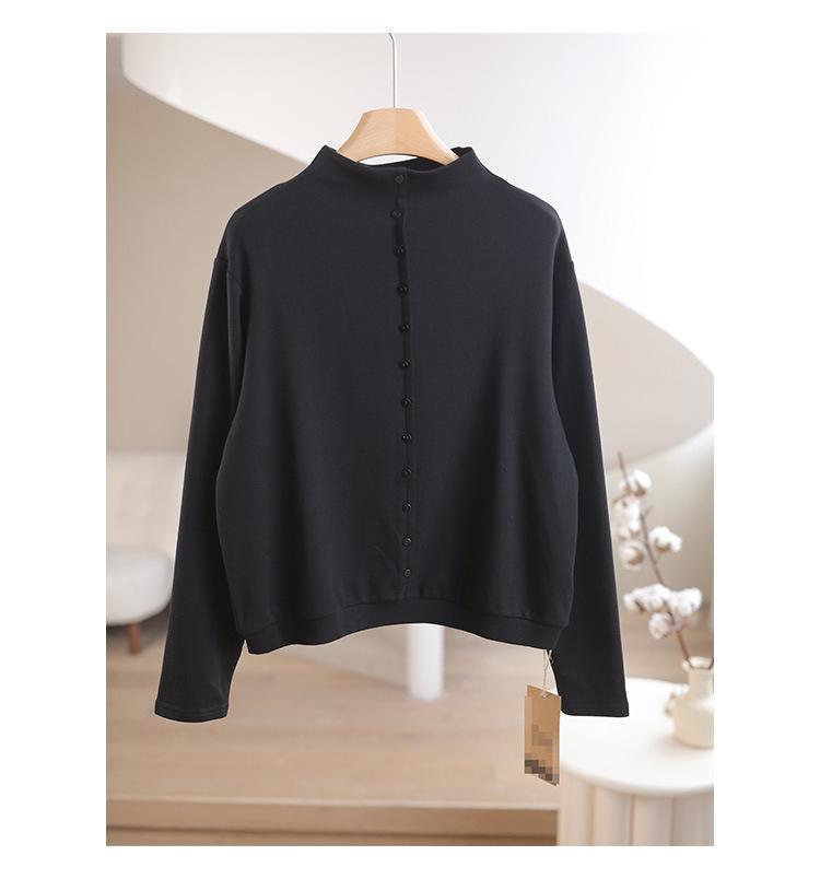 Women's Autumn/Winter Stand Collar Brushed Fabric Base Layer T-Shirt - Loose Slimming, Skin-Friendly Top