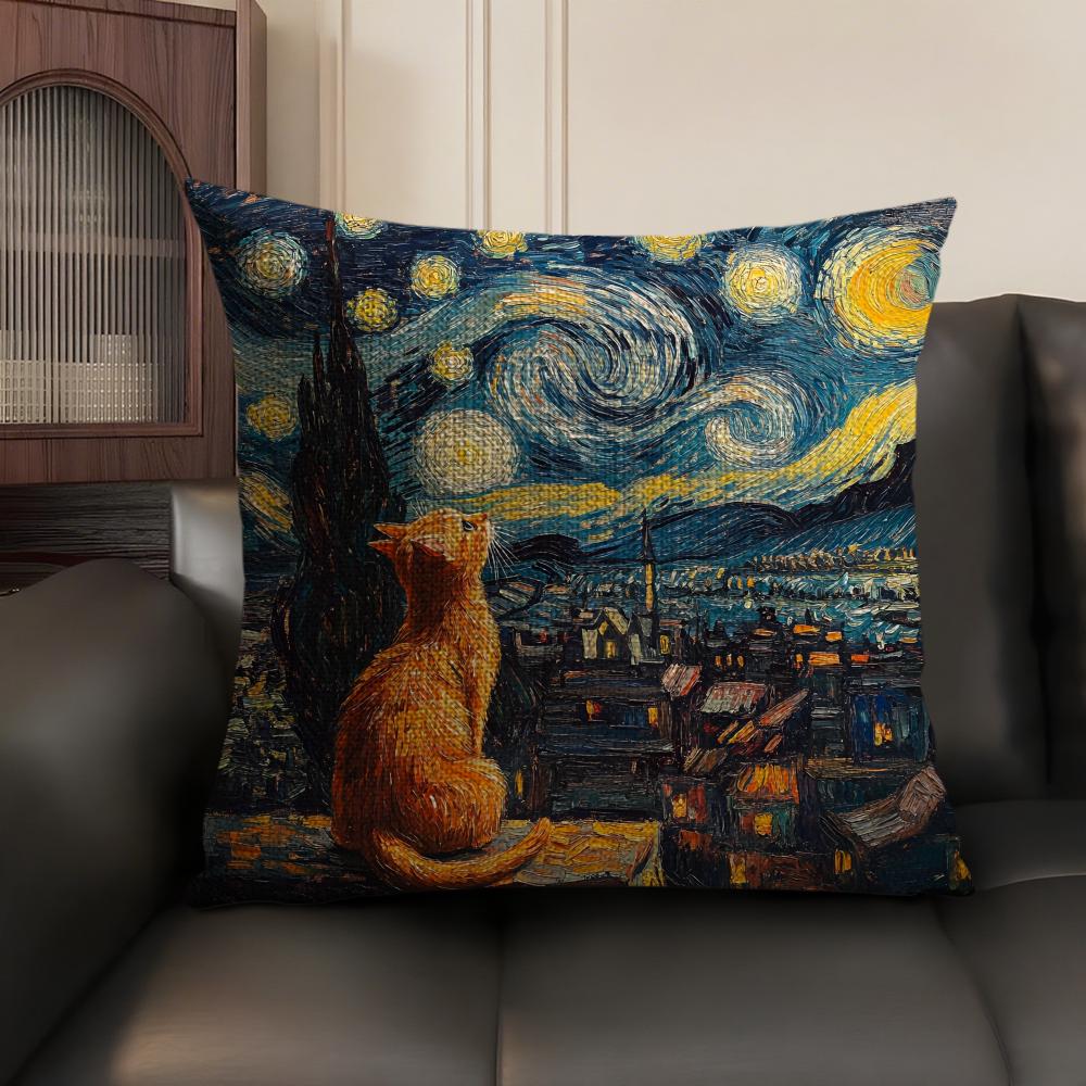 Van Gogh Starry Night Cat Cushion Cover Natural Linen Organic Fabric Double-Sided Printing Sofa Home Decor Gift Pillow Case