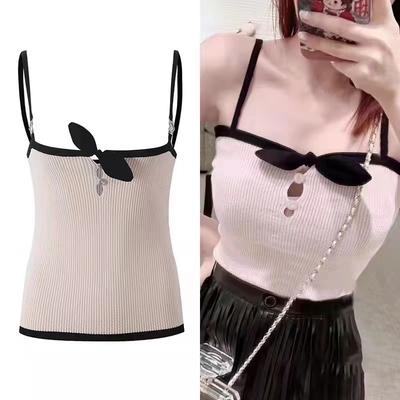 Summer New Cut-out Color-blocked Bow Camisole Women's Slim Slim Skinny Sexy Sweet and Spicy Base Top