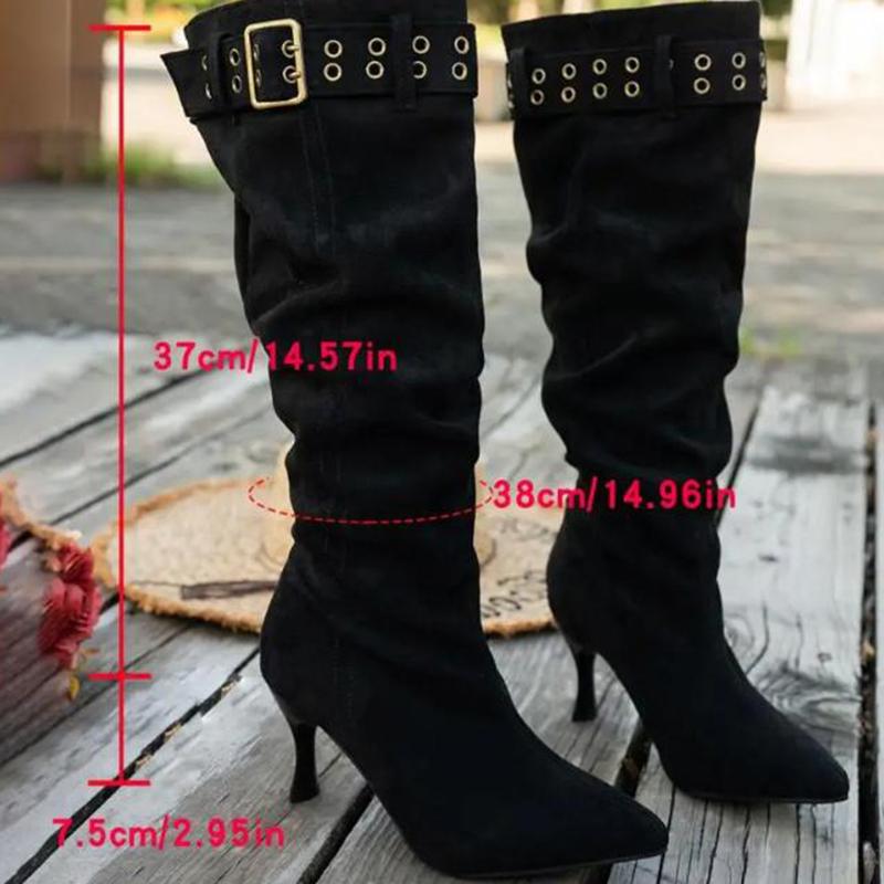 Metal Buckle Western Knee High Boots Women 2025 Winter Vintage Brown Suede Long Boots Sexy High Heel Woman's Y2K Shoes