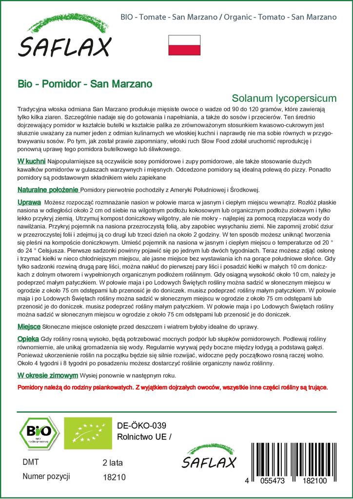 SAFLAX Garden In the Bag - Organic - Tomato - San Marzano - 15 Seeds - With Substrate In a Fitting Stand Up Bag - Solanum Lycopersicum