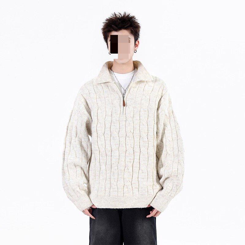 Men s American Casual Half-Zip Cable Knit Sweater - Loose Fit, Versatile Old Money Style L