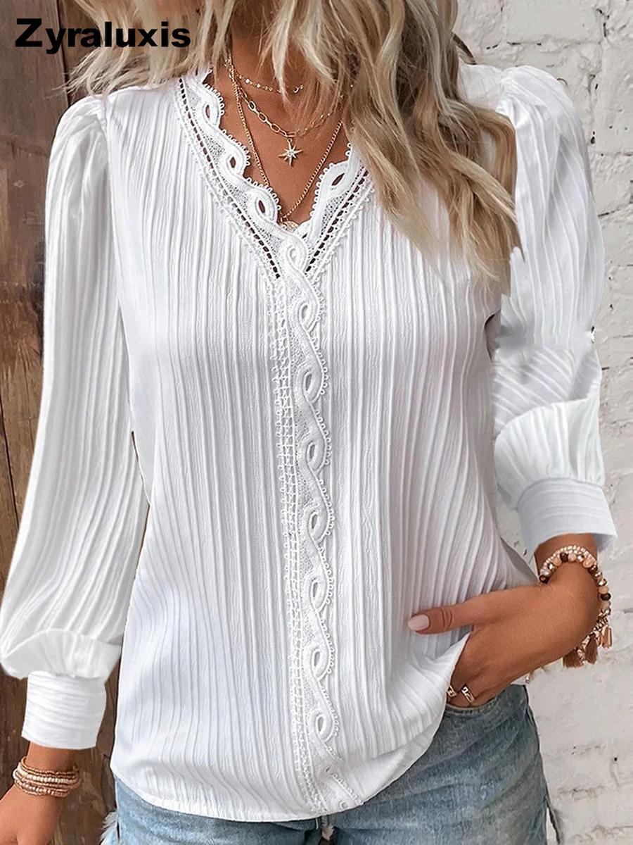 Autumn/Winter Long Sleeve V-Neck Ruffled Trim Patchwork Blouse Women s Shirt Loose Fit S белый