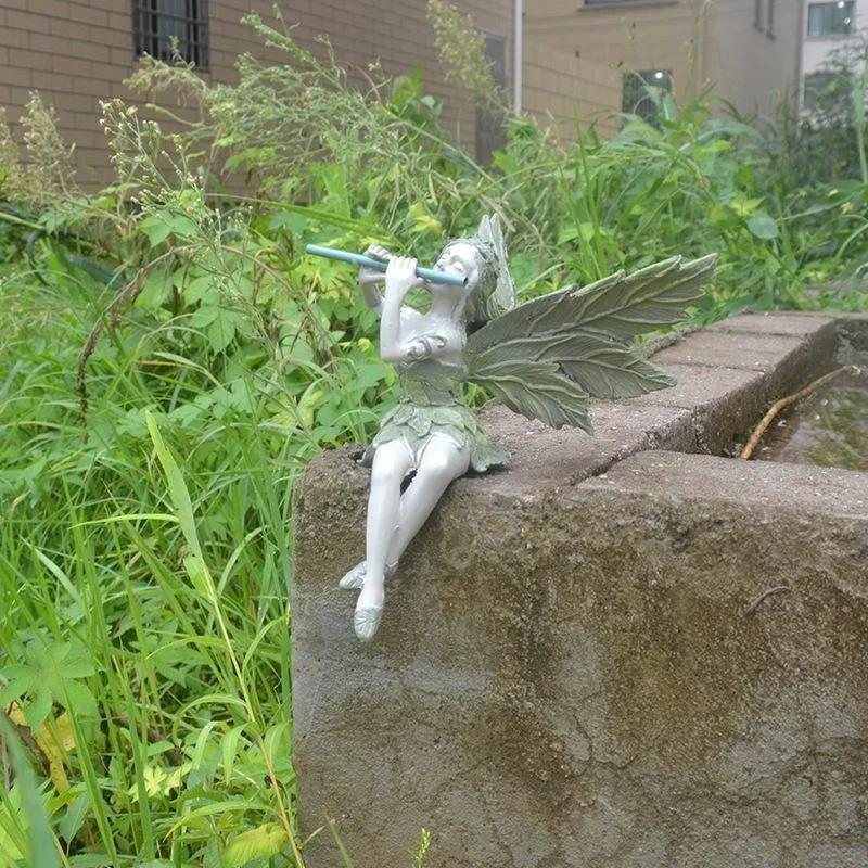 Flöte spielen Feenstatue Engel Gartenskulptur Dekoration Außen Garten Rasen Hof Harz Elfen Handwerk Kunstwerk Geschenke
