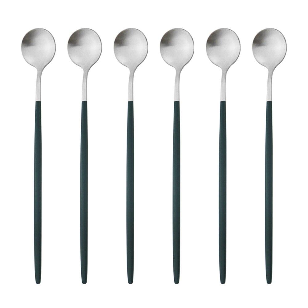 6ks Barevné příbory s dlouhou rukojetí Matné nerezové Lžíce Leštěné Míchání Nápoj Zmrzlina Dezert Čajová lžička Sada nádobí