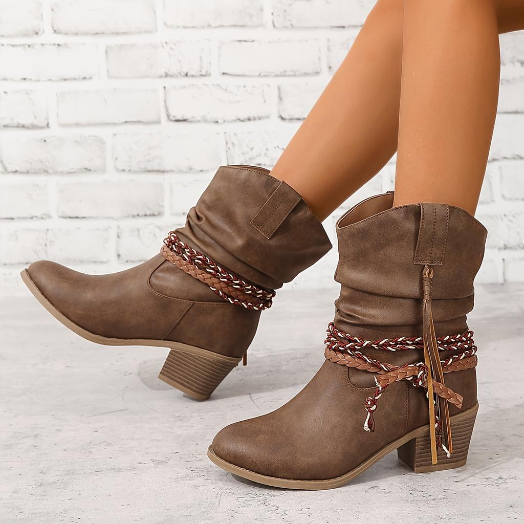 Chic Brown Faux Cover Ankle Boots with Tassel Detail - Chunky Heel, Zipper Closure,Comfortable Fabric Lining
