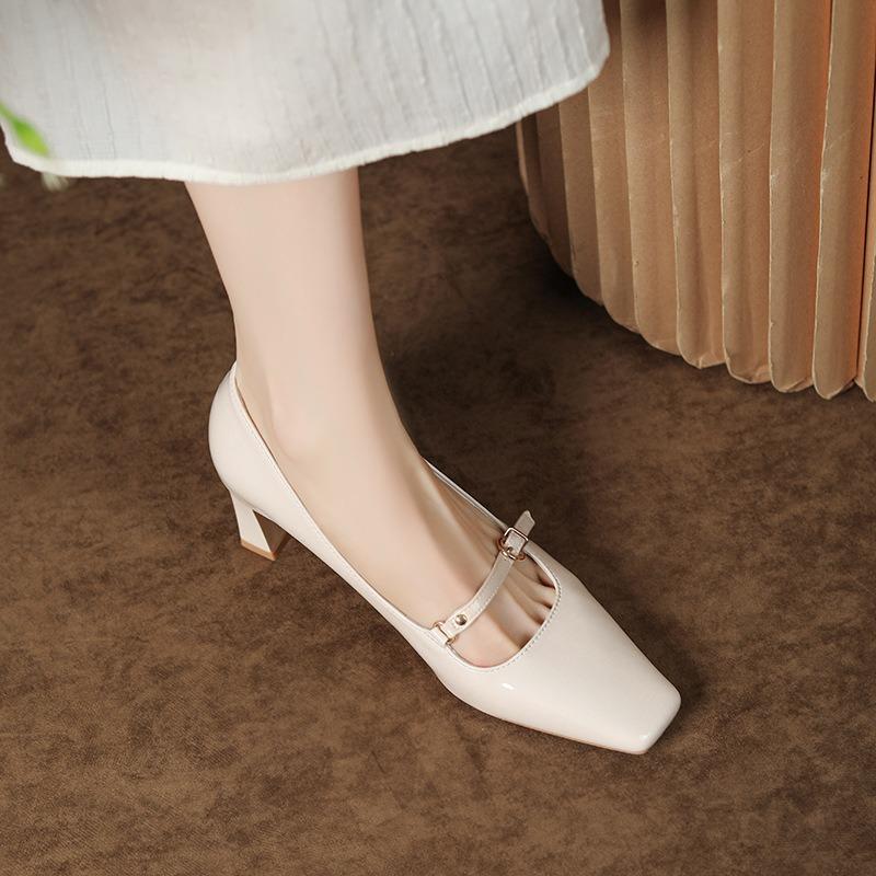 Sexy Sheepskin High Heels New Square Head Temperament Patent Leather Single Shoes Thick Heel