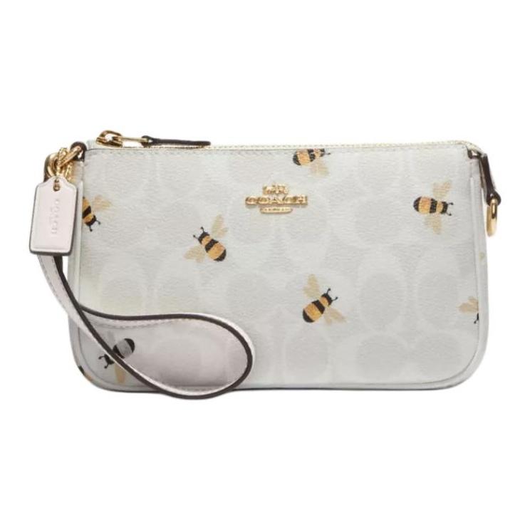 Coach Signature Canvas Bee Print Wristlet Pouch In White For Women Daily Use Basic Set (Bag+Dust Bag)
