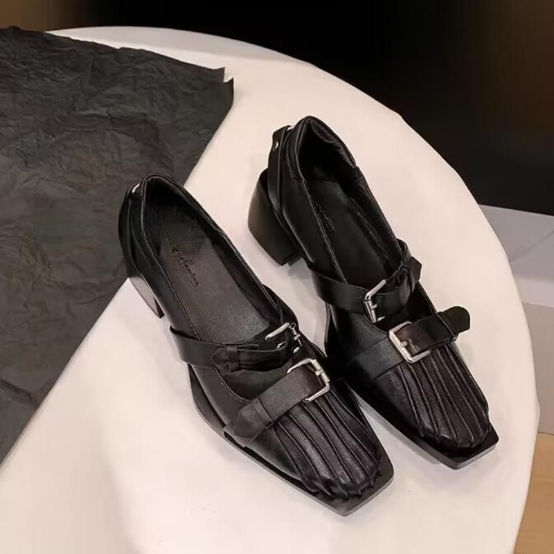 Square Toe Retro Belt Buckle Pumps Retro Genuine Leather British Style Thick Heel Casual Shoes Black Ladies Mary Jane Shoes