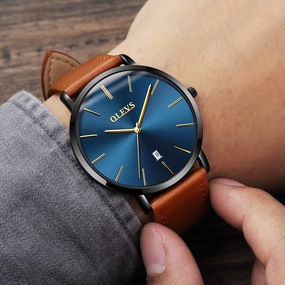 OLEVS Men's Minimalist Slim Fashion Analog Quartz Watch with Date Waterproof Large Dial Retro Leather Band
