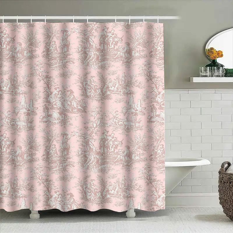 Toile De Jouy Shower Curtain Pink Classic French Country Style Bath Decor Home Decoration Waterproof Fabric Bathroom Decorations