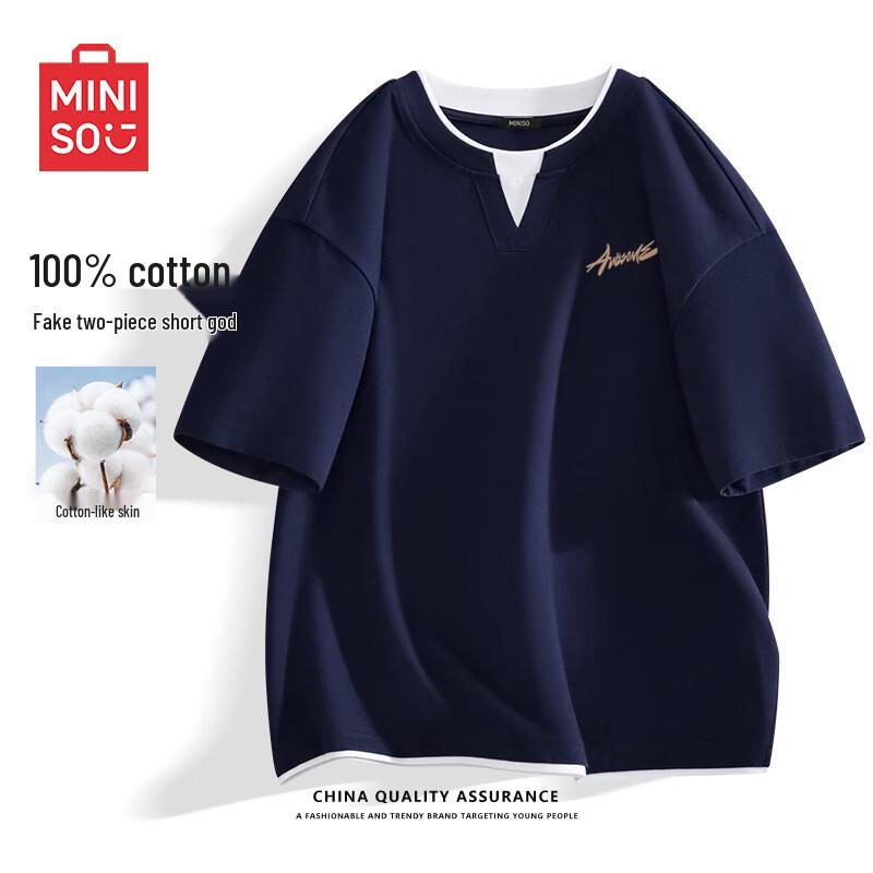 MINISO Men s Fake Two-Piece Cotton Crew Neck T-Shirt L