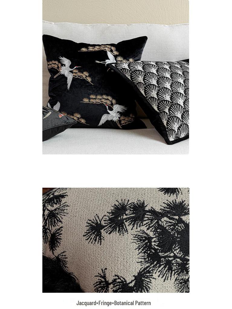 Oriental Pine Crane & Bamboo Embroidered Cushion Set – Chinese Style Sofa Décor