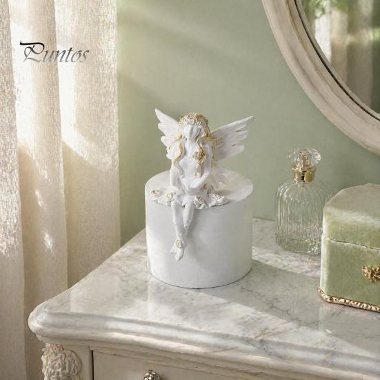 Small Angel Figurine Resin Figurine, Half Body Winged Fairy Sculpture with Gold Trim, Matte Warm White Decor Desk for Bedroom Shelf Gift Women