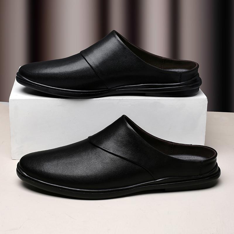Fashion Genuine Leather Mens Half Slippers Summer Breathable Casual Shoes Slip-on Lazy Driving Shoes Walking Loafers Moccasins Half Drag