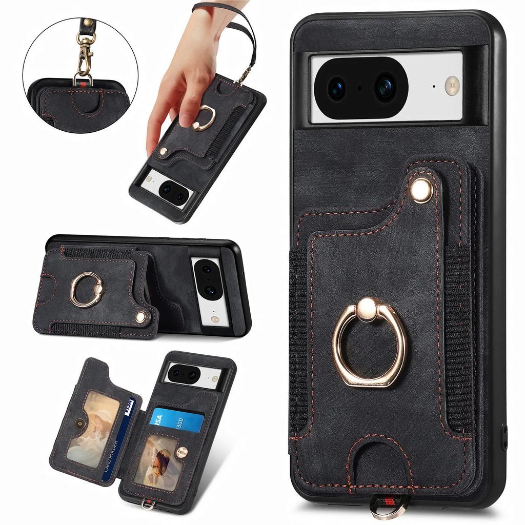 Ring Holder Cards Solt Leather Wallet Case for Google Pixel 8 Pro 7 7A 6 6A Magnetic Kickstand RFID Pouch Pocket Bag Strap Cover
