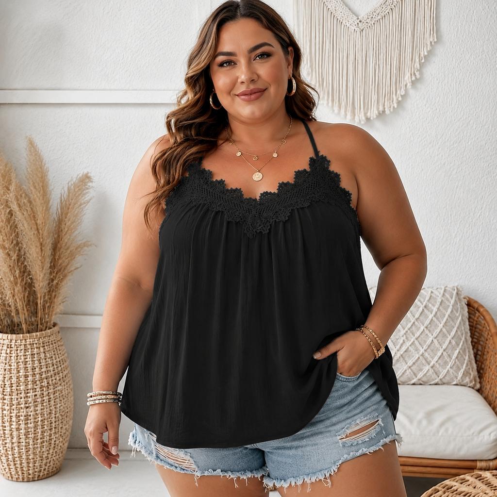 Women V Neck Lace Trim Spaghetti Strap Tank Top Lightweight Loose Fit Summer Casual Blouse Soft Fabric Sleeveless Shirt