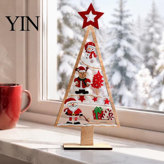 Desktop Christmas Ornament Wooden Tabletop Tree Decor, Hollow Xmas Ornament, Farmhouse Winter Holiday Accents Centerpiece for Party Home Decoration,