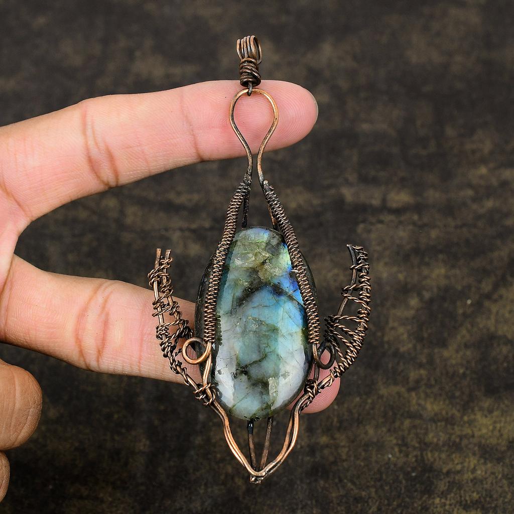 Labradorite Handmade Copper Wire Wrap Jewelry Pendant 4.13" A4R23