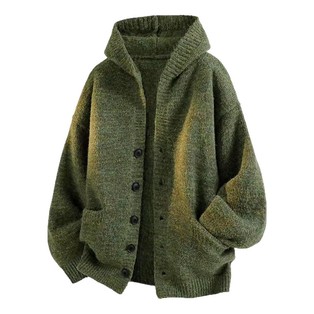 2025 Men's & Women's Dark Gray Hooded Knit Cardigan - American Style Casual Sweater for Autumn & Winter.