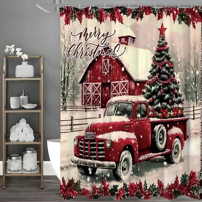 Merry Christmas Red Car Christmas Tree Shower Curtain, Bathroom Decorative Shower Curtain, Waterproof Shower Curtain