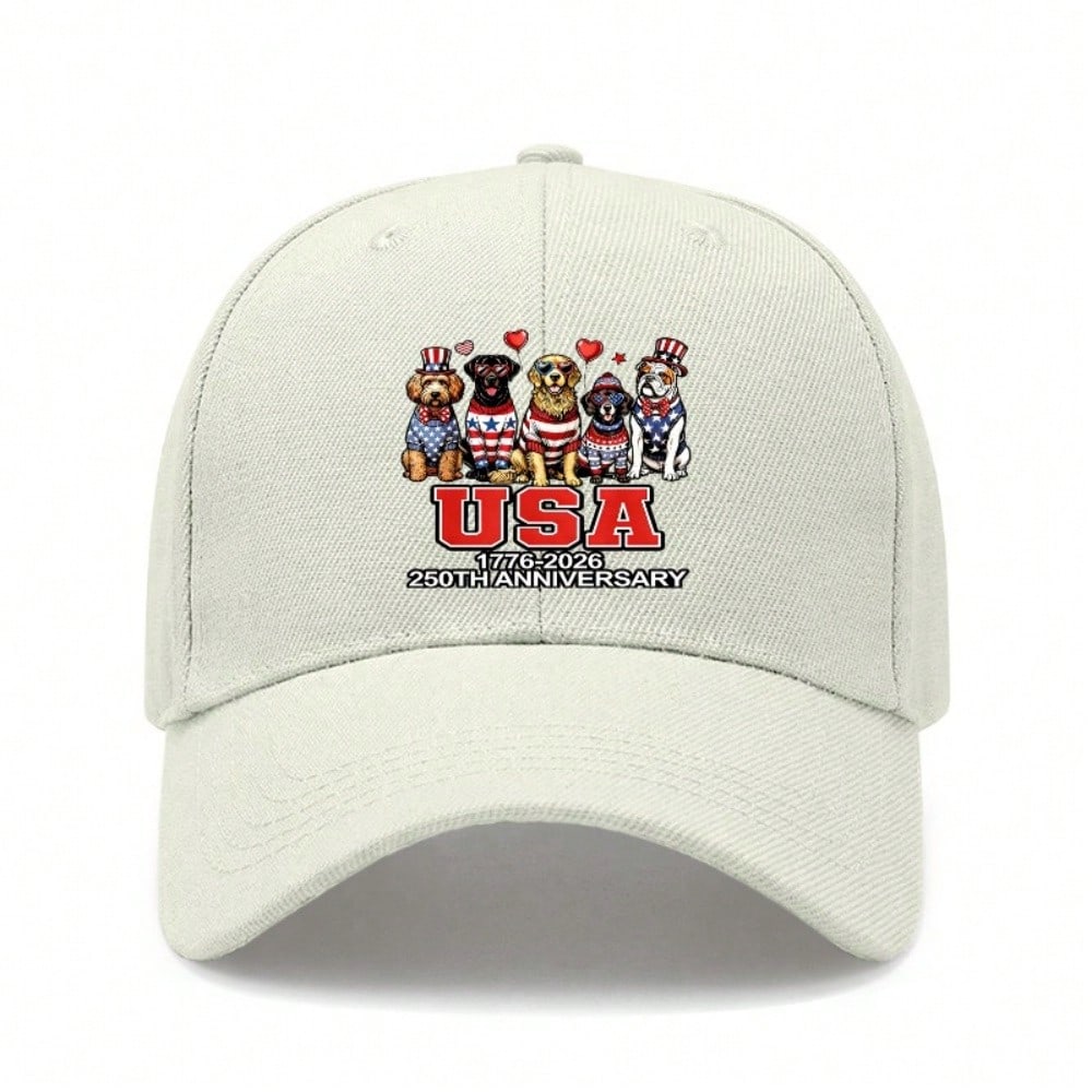[USA Anniversary Cap] Unisex 250Th Anniversary USA Dog Print Polyester Adjustable Breathable Lightweight Casual Streetwear Baseball Cap For Men Women бежевый