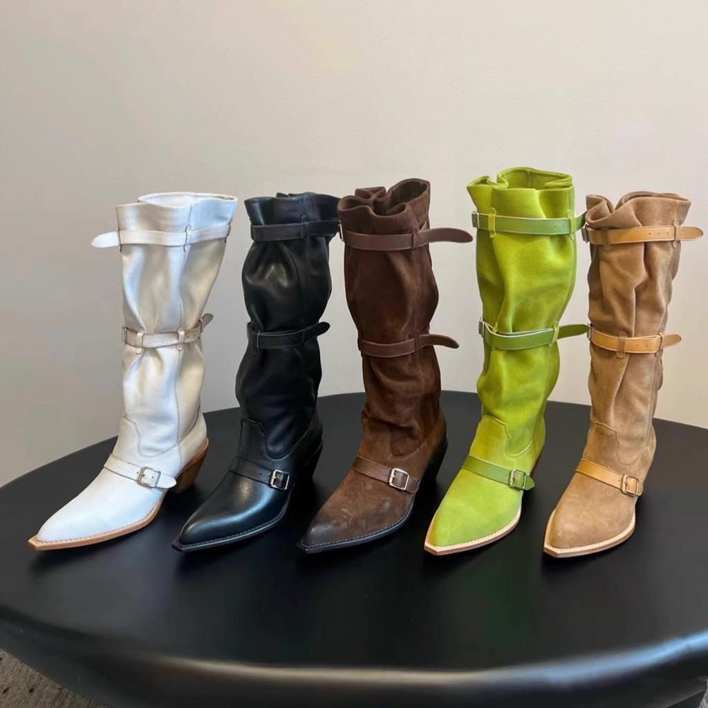 Pointed Big Tube Heap Boots Retro Western Cowboy Boots Thick Heel Hot Girl Fashion Sense Long Boots Women