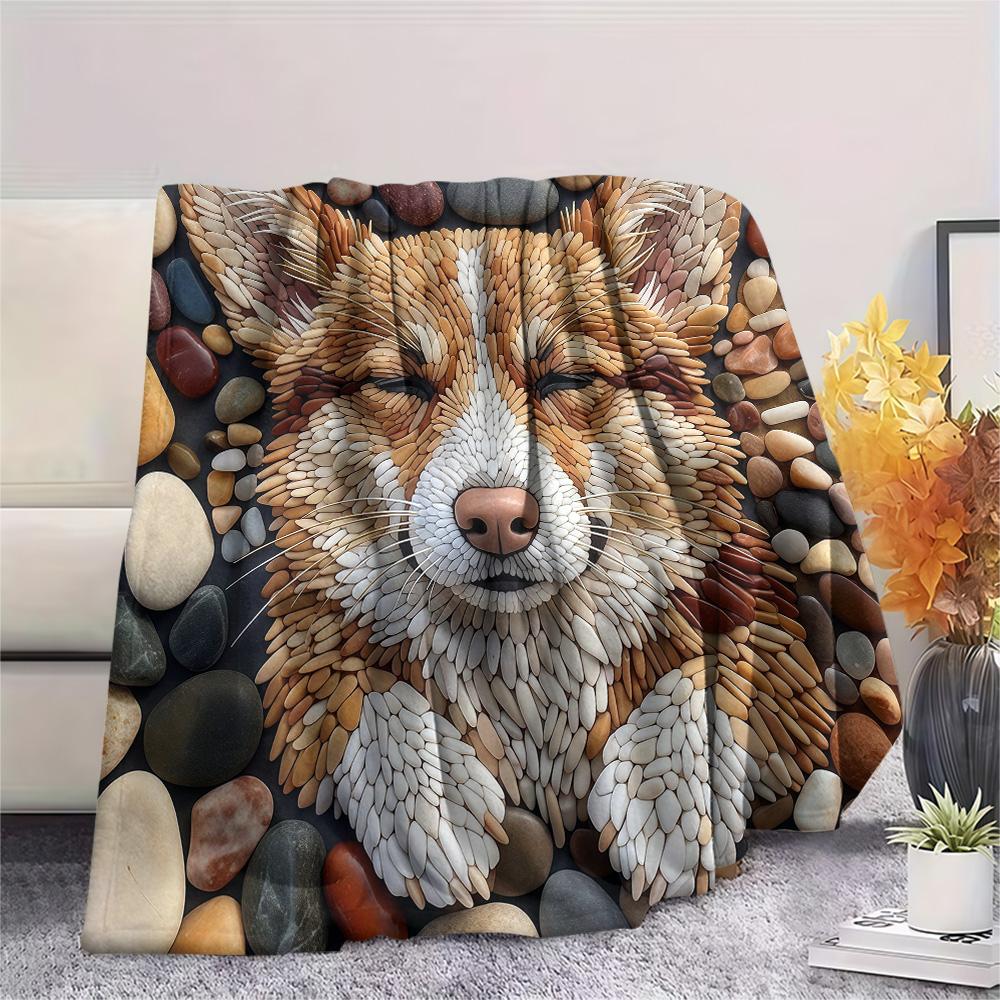 1Pc Cobblestone Dog Print Flannel Blanket High Quality Warm Comfortable Cover for All Seasons Perfect for Gifts Home Decor