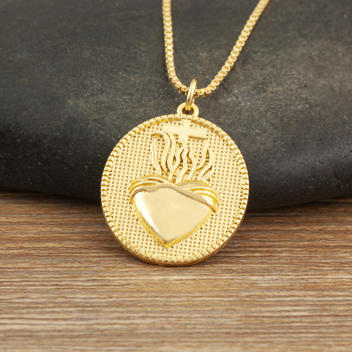 

Nidin Vintage Sacred Heart With Flames Pendant Necklace For Men Women Oval Shape Copper Christian Religious Style Jewelry Gifts