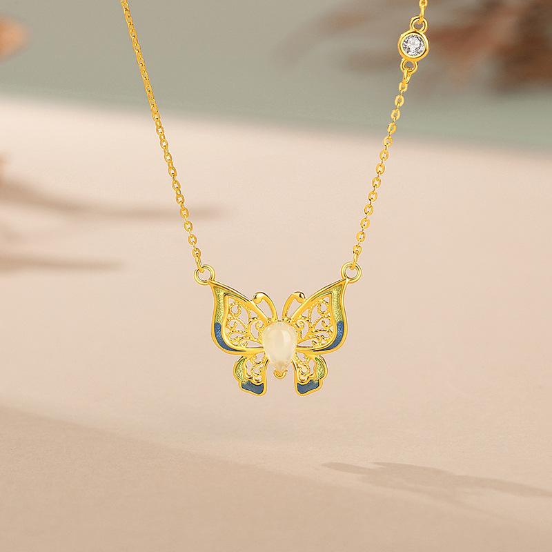 Tichiya White Chalcedony Filigree Butterfly Necklace - S925 Sterling Silver & Enamel Design for Women 925 Silver
