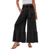 Women's Wide-Leg Casual Pants With Drawstring, Stretch, High Waist, Ruffled Hem, Wide Legs, Belted, And Pockets