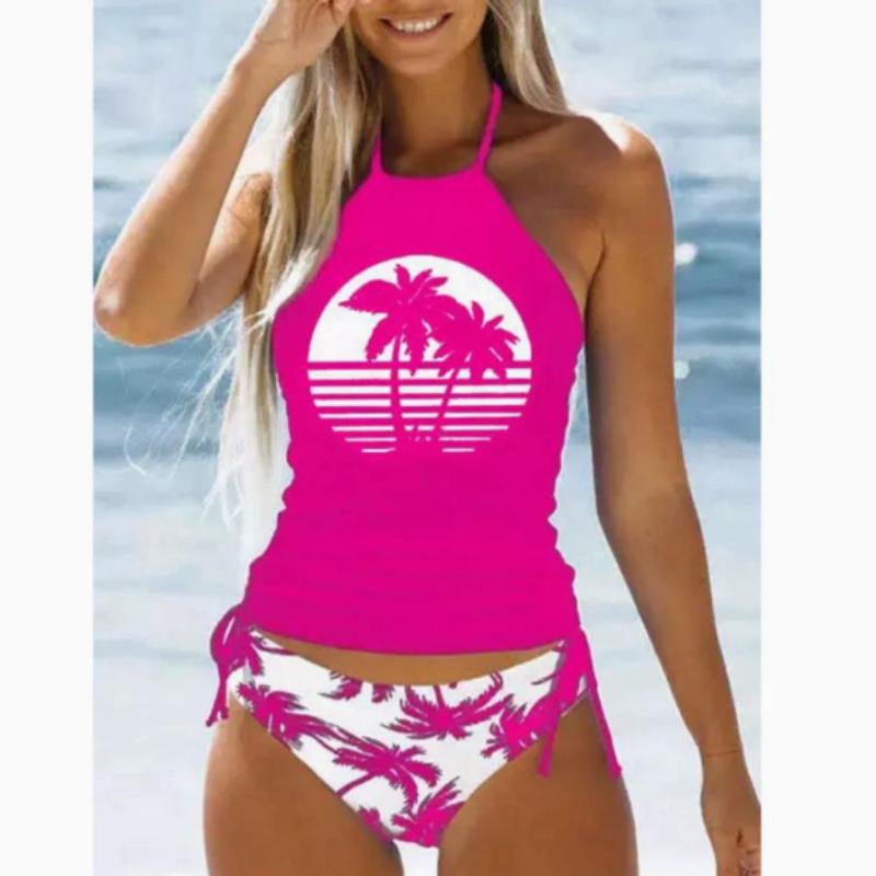 Blauer Neckholder-Bikini-Tankini-Badeanzug mit Kokosnussbaum-Print für Damen