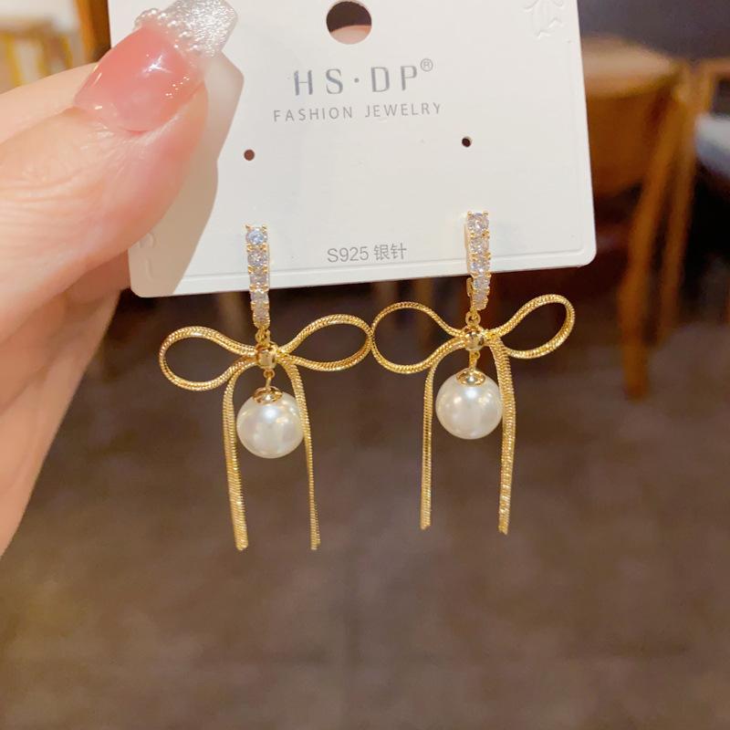 French Style Elegant Pearl Bowknot Long Dangle Earrings Fashion Jewelry For Women
