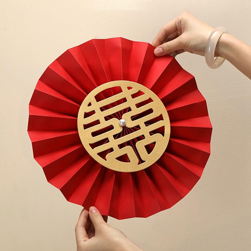 6PCS Red Hanging Paper Fan Chinese New Year Wedding Paper Fans Set Flower Paper Craft Background Wall Decor DIY Party Supplies