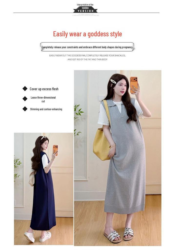 Stylish Maternity Chic Summer Mid-Length Thin Fake Two-Piece Dress for Trendy Moms