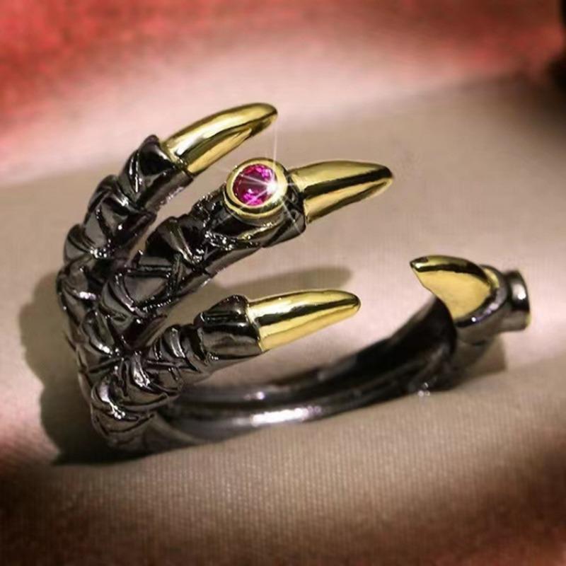 Vintage Metal Dragon Claw Ring for Men Personality Punk Two Tone Inlaid Pink Zircon Demon Ring Party Jewelry
