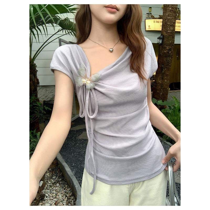 Swing Collar Slanted Shoulder Three-dimensional Bow Short-sleeved T-shirt Women's Summer Irregular Top
