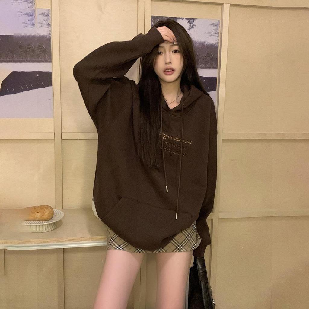 Women Long Sleeve Hooded O Neck Loose Pullovers Female Tops Solid Color Sweatshirts